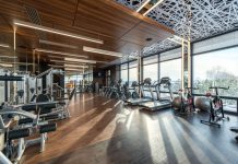 Modern exercise bikes and treadmills and various fitness equipment in spacious gym with wooden floor and panoramic windows in sunlight