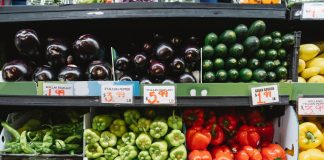 Colorful assortment of vegetables on display in a supermarket, featuring peppers, eggplants, and squash.