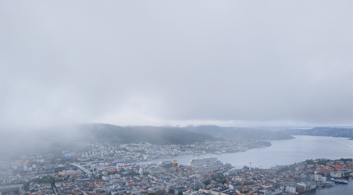 Best Things To Do in North Bergen at Night: Your 2026 Local Guide Aerial view of Bergen, Norway, with its harbor and surrounding hills on a cloudy day.