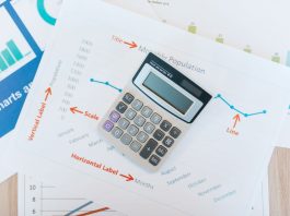 Calculator placed on financial graphs and reports showcasing data analysis and business documentation.