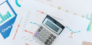 Calculator placed on financial graphs and reports showcasing data analysis and business documentation.