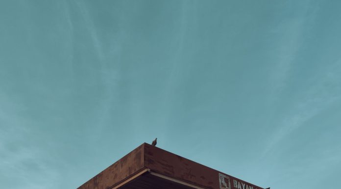Jackson Hill Gas Station to Become Five-Story Apartment Building A lone bird perches on a weathered gas station canopy against a serene sky.