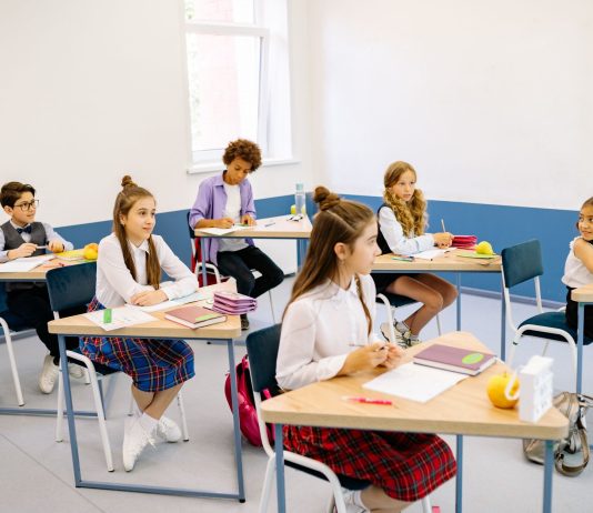 Students learning in a bright, diverse classroom setting, engaged and attentive.