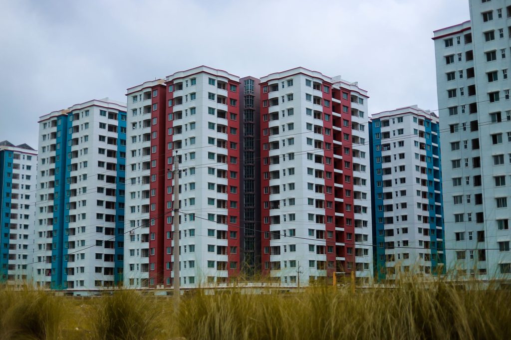 Contemporary high-rise apartments showcasing modern architecture in an urban residential district.