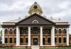 Front view of the historic Mason County Courthouse in Mason, Texas, USA.
