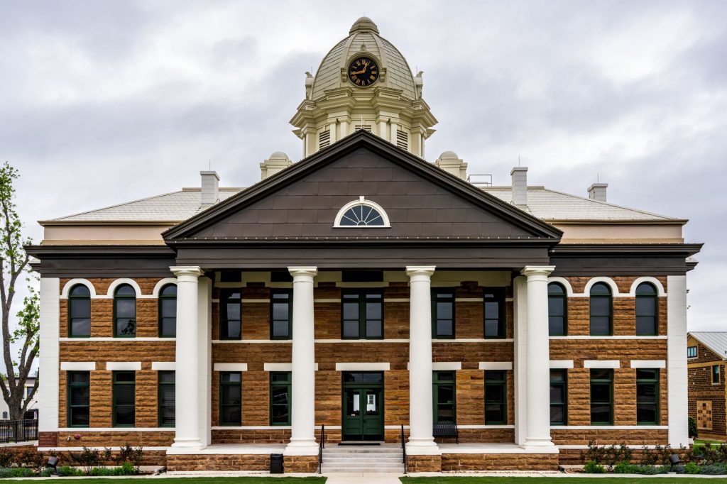Front view of the historic Mason County Courthouse in Mason, Texas, USA.
