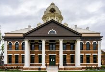 Front view of the historic Mason County Courthouse in Mason, Texas, USA.