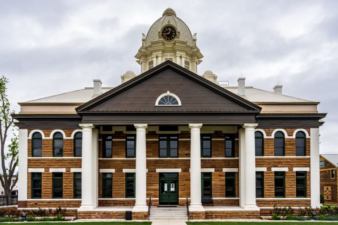 Front view of the historic Mason County Courthouse in Mason, Texas, USA.