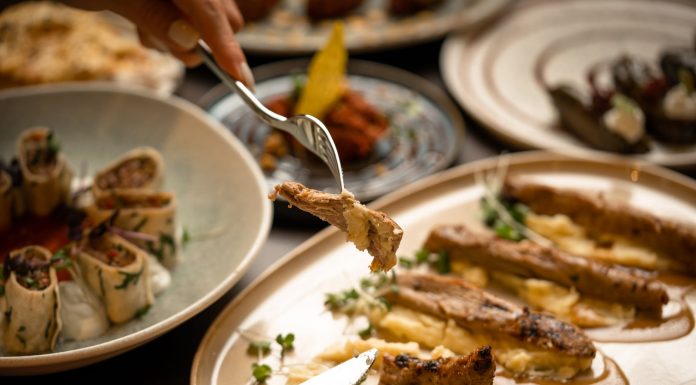 Close-up of a gourmet meal with diverse dishes, showcasing fine dining and sophisticated presentation.