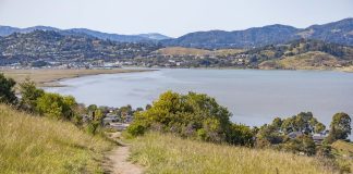 Peaceful path through grassy hills with a serene lake view on a sunny day.
