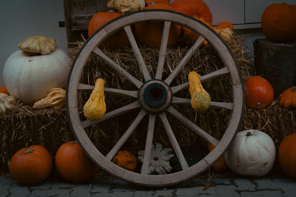 Rustic autumn display featuring pumpkins and a wooden wagon wheel on hay bales, perfect for fall decor inspiration.